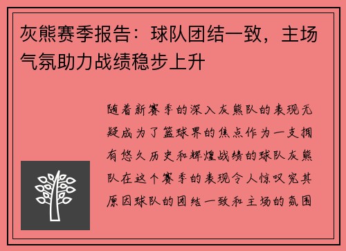 灰熊赛季报告：球队团结一致，主场气氛助力战绩稳步上升